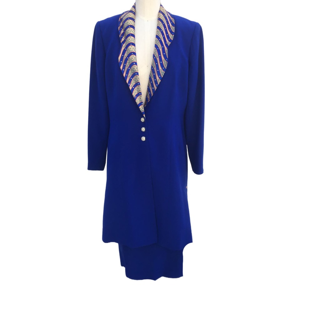 Royal Blue Eva Polini Suit Jacket And Skirt Set With Print Collar
